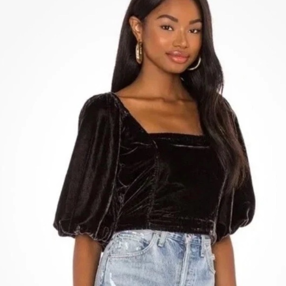Free People Maria Black Velvet Puff Sleeve Tie Back Crop Top Size XS - Picture 3 of 8